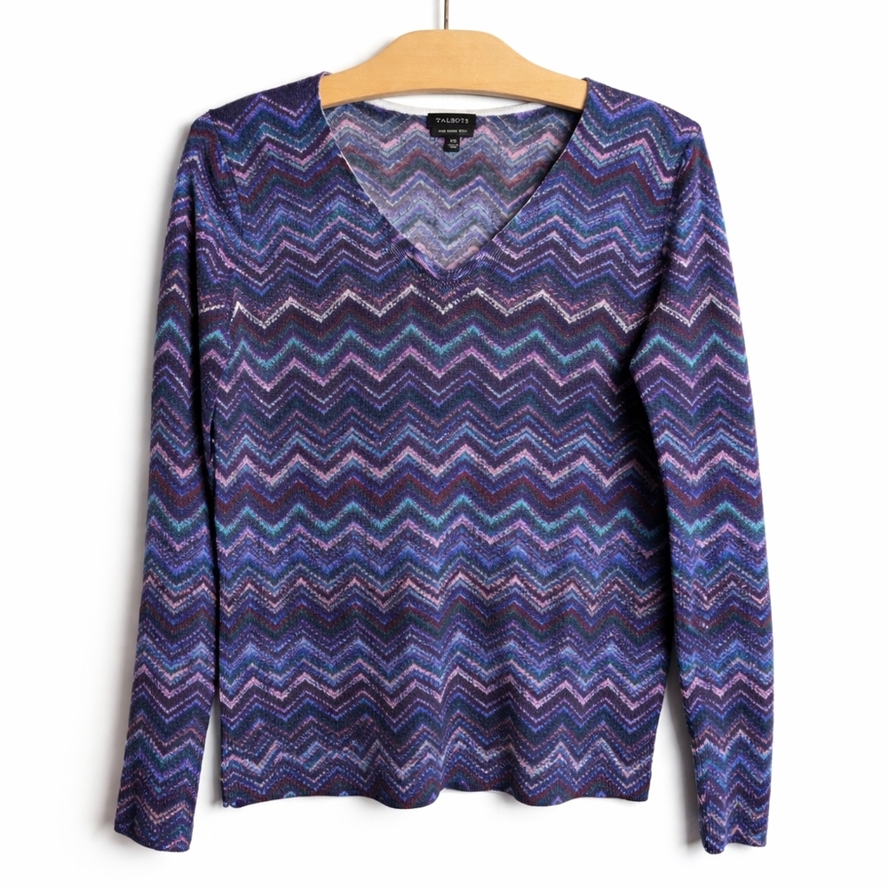 Talbots Merino Wool Chevron Sweater XS Blue Purple V-Neck
